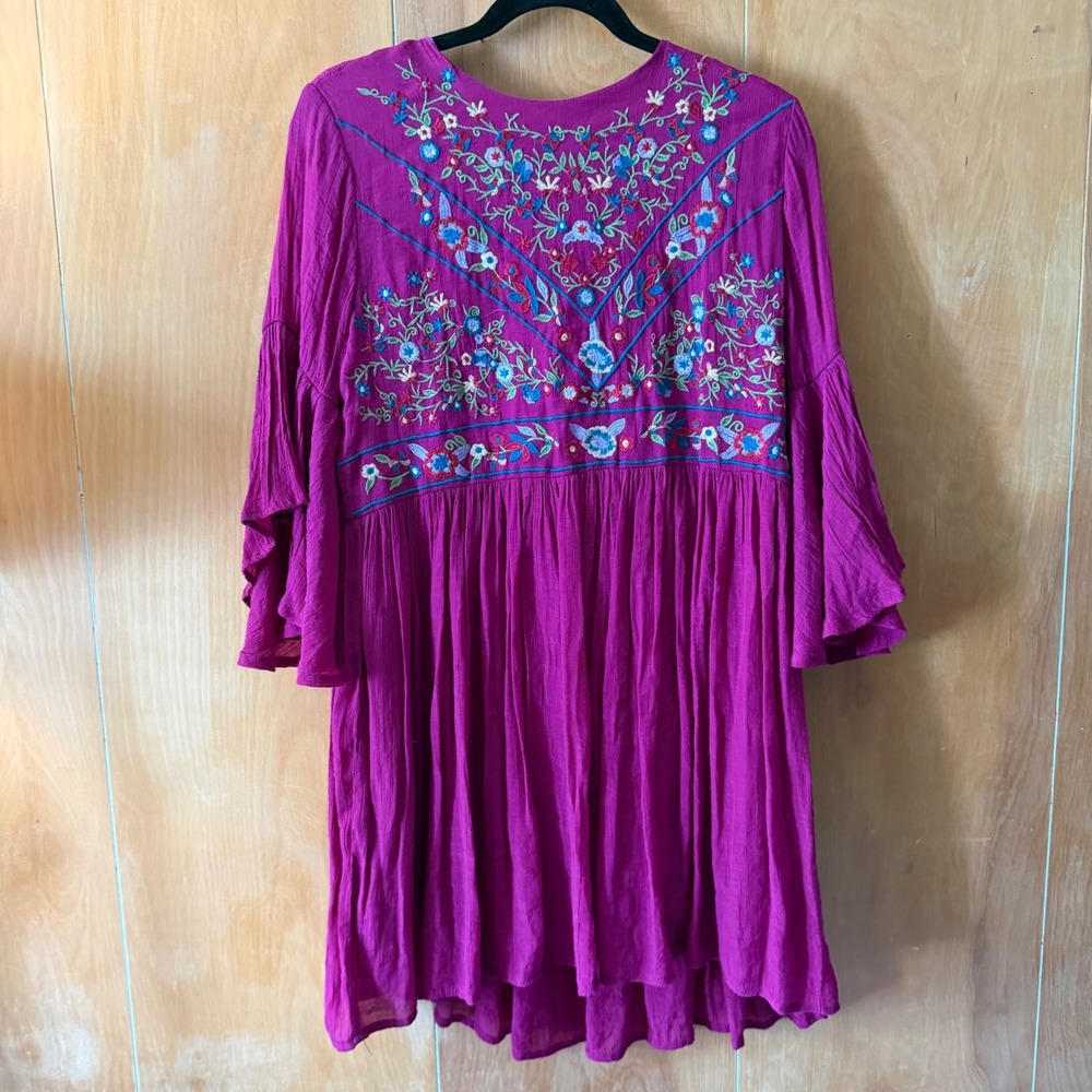 Umgee Embroidered Boho Bell Sleeve Tunic Dress Large